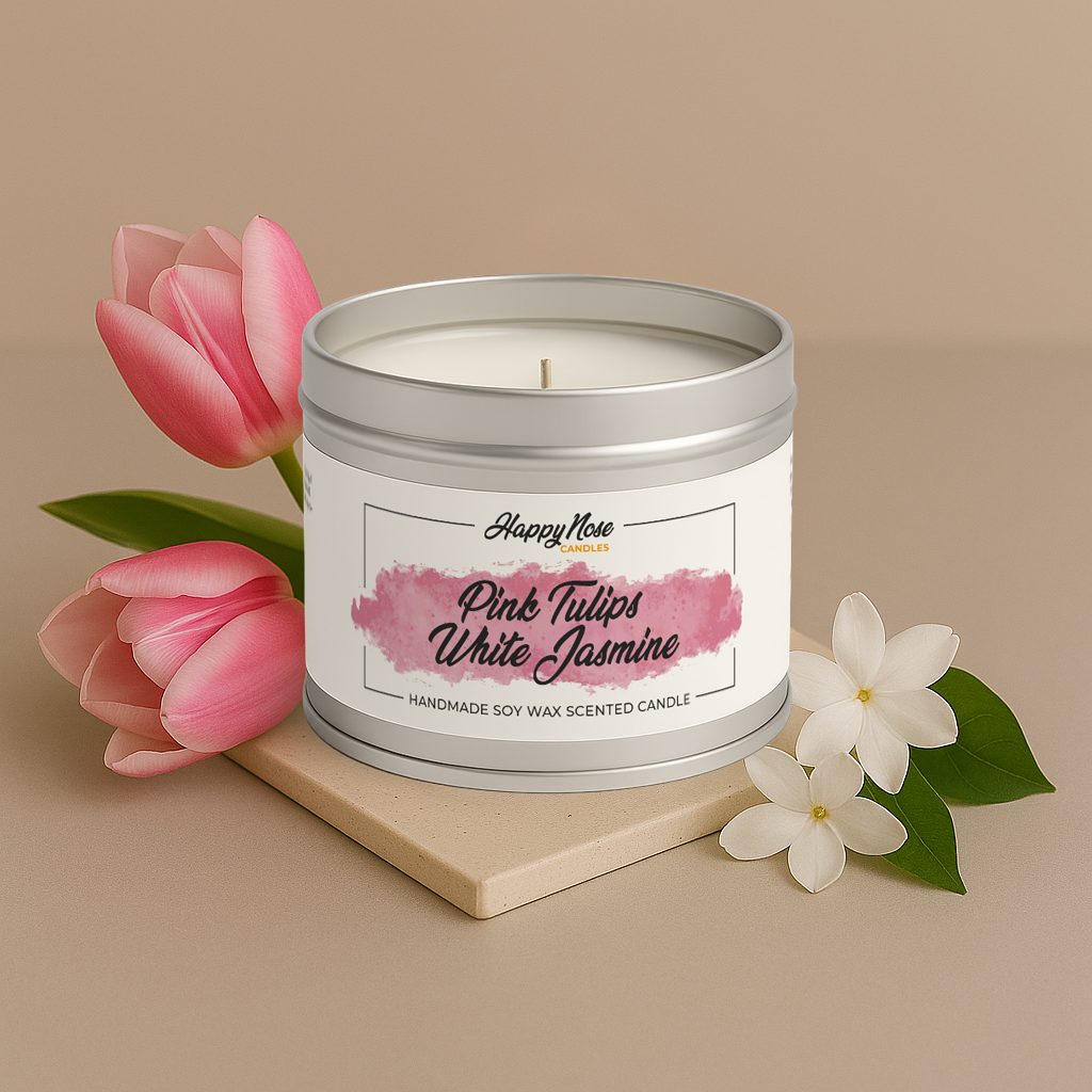 Pink Tulips & White Jasmine Scented Candle - HappyNose Candles